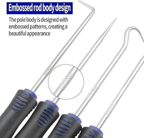 4 Piece Automotive Pick And Hook Tools Set for Cars with ergonomic handles and durable CR-V shafts, close-up of embossed design.