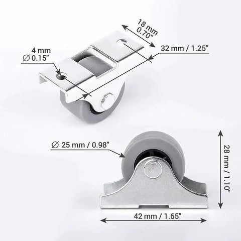Pack Of 20 25mm Rubber Wheels Set With Metal Plates And Plastic Double Castors dimensions shown for furniture and appliances