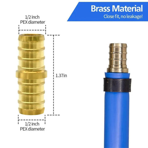Close-up view of PEX brass crimp fitting from the 30 Piece Half Inch PEX Brass Crimp Fittings Set With Tees Elbows Couplings Straights For Hot Water And Cold Water Plumbing Systems Durable Corrosion Resistant Brass Build Quality Perfect For DIY Home Renovations And Professional Plumbing Projects, showing 1/2 inch diameter and 1.37 inch length with blue PEX tubing.