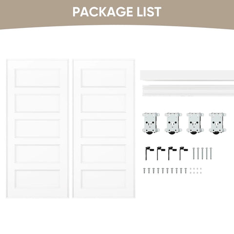 Package contents of 5-Panel Bypass Sliding Closet Door With Steel Frame, White Primed Finish, 72 X 80 Inches, including hardware.