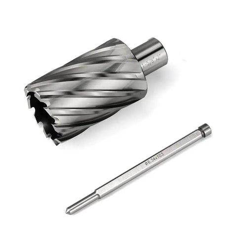 Annular Cutter Set For Magnetic Drill Press With Weldon Shank Three Quarters Inch Cutting Diameter One And Five Eighths Inch Two Inch Cutting Depth HSS Slugger Bits Kit For Metalworking And Milling Pro Grade By JESTUOUS showing cutter and pilot pin.