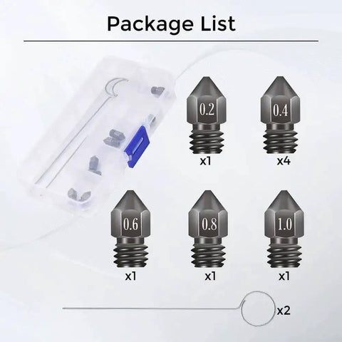 Beefed Up Hardened Steel MK8 3D Printer Nozzles Set With Storage Box And Handy Tools, 0.2mm to 1.0mm sizes displayed