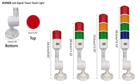 Four multi-layer LED warning lights, red, yellow, green indicators. Audible visual alarm for machinery control panels. Various sizes shown.