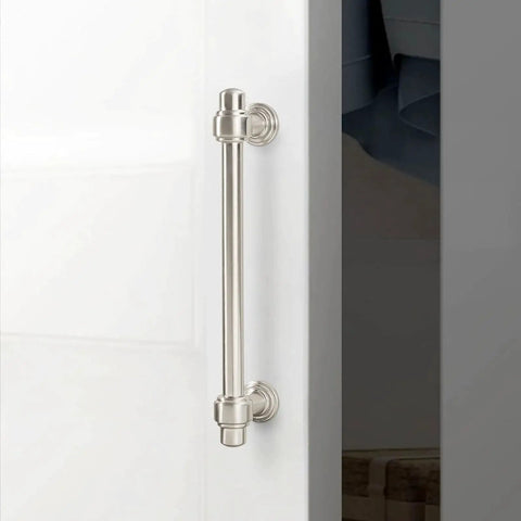 5-inch brushed satin nickel cabinet handle mounted on a cabinet door, showcasing zinc alloy heavy-duty drawer pull with elegant silvery finish