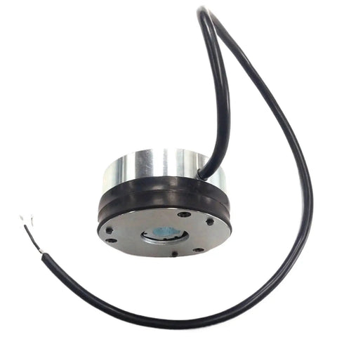 Side view of DC24V electromagnetic brake for forklift pallet truck; round metal housing with black wiring.