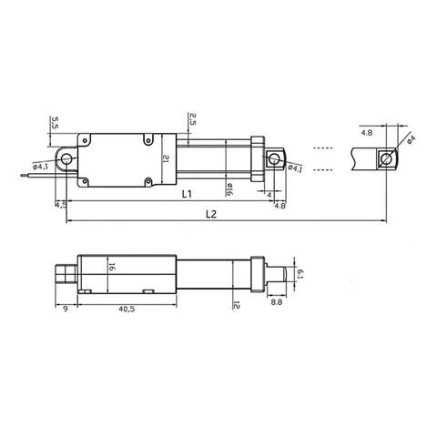 Technical diagram of Beefy DC Linear Actuator 6V 12V 24V with 15mm to 150mm stroke dimensions and components shown.
