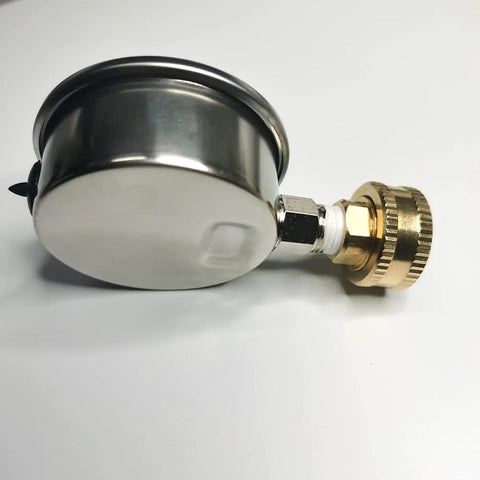 Stainless steel 304 liquid-filled pressure gauge, side view, 0-220 psi, 2-1/2 inch dial, 3/4 GHT garden hose thread