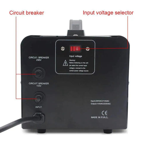 Back view of Voltage Transformer Converter 2000 Watt Step Up And Step Down Power Adapter showing circuit breaker and voltage selector.