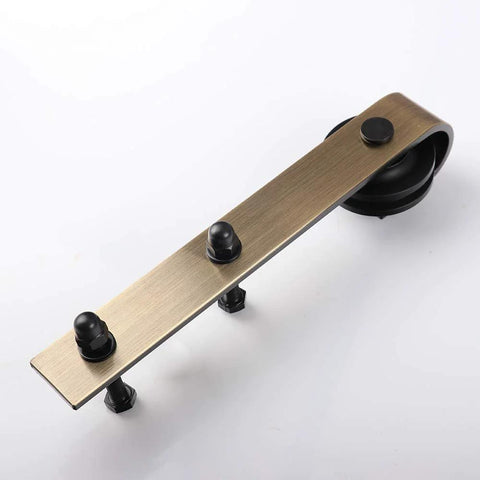 Brushed Gold Barn Door Hardware Kit For Interior Doors Heavy-Duty Carbon Steel Sliding Roller Set With Classic J Rail 200 Pounds Capacity Fits Doors 1.38 To 1.57 Inches Thick Includes 2 Rollers 2 Stoppers 2 Anti Jump Pads And 1 Floor Guide