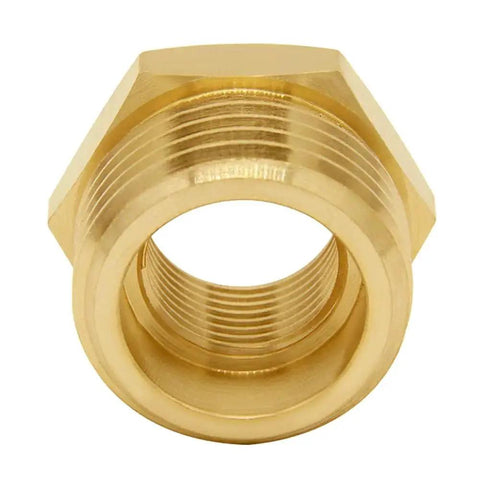 Brass Garden Hose Reducer Adapter 3/4 GHT Male to 3/8 NPT Female, durable brass connector front view