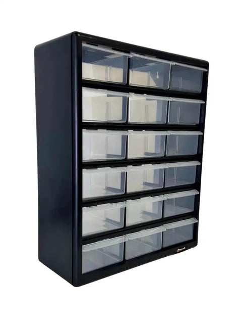 18 Drawer Parts Organizer In Matte Black Finish For DIYers And Pros, Wall Mountable Hardware And Craft Storage Unit With Clear Drawers
