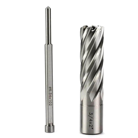 Heavy Duty Three Quarter Inch Annular Cutter For Magnetic Drill Press With Weldon Shank And Two Flat Pilot Pin Two Inch Depth Of Cut And Three Quarter Inch Cutting Diameter One Piece OSCARBIDE front view with pilot pin