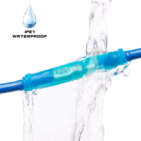 Blue heat-shrink butt connector on blue wire, IP67 waterproof automotive electrical splice.
