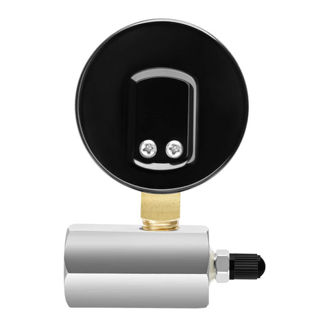 MEASUREMAN Diaphragm gauge with valve; black round dial, brass mount, attached to a silver cylinder.