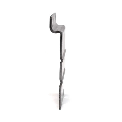 Side view of a heavy-duty steel backplate mounting adapter for slatwall compatibility, raw metal finish with pre-drilled holes.