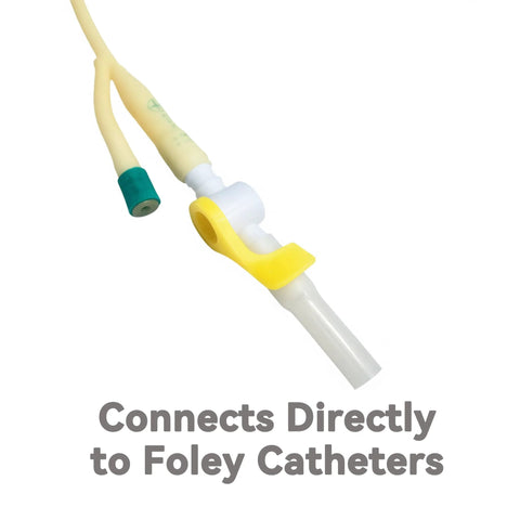 Foley catheter valve with yellow lever, white body, and tubing connector for urine drainage