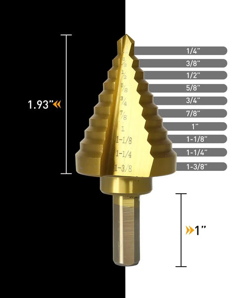 Titanium Coated Step Drill Bit For Metal With Double Cutting Blades And HSS Construction, Short Length Unibit From 1/4 In To 1-3/8 In, Pro Grade For Steel Aluminum Copper Plastic Wood, Multi Material Drilling, 10 Size Set By COMOWARE
