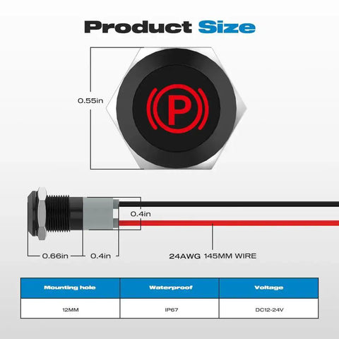 Product diagram of Waterproof Metal LED Indicator Light Set For Dash Panel Mount 12V 24V Half Inch Cutout 7-Piece Kit with size details.