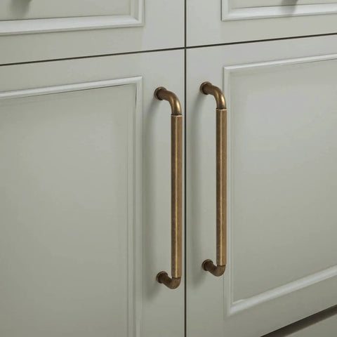 Six Pack Antique Brass Zinc Alloy Cabinet Pulls With 5 Inch Hole Center 5.5 Inch Total Length 128mm Center To Center Kitchen Drawer Handles Includes M4 Screws Model 2201 GT 128 Durable Finish For Everyday Use installed on cabinets
