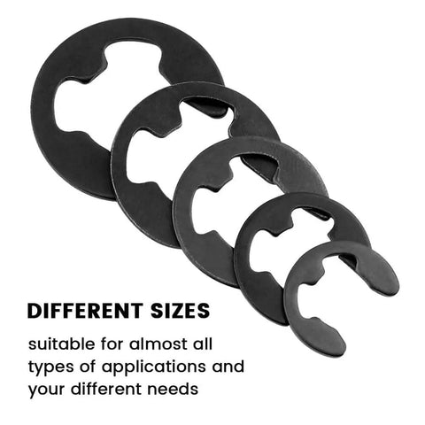 120 Pcs E Clips Assortment Set Heat Treated External Retaining Clips Manganese Steel Snap Rings Kit With 10 Sizes For Bearings Gears Pulleys And Axles Heavy Duty Maintenance, showing different sizes of black snap rings.
