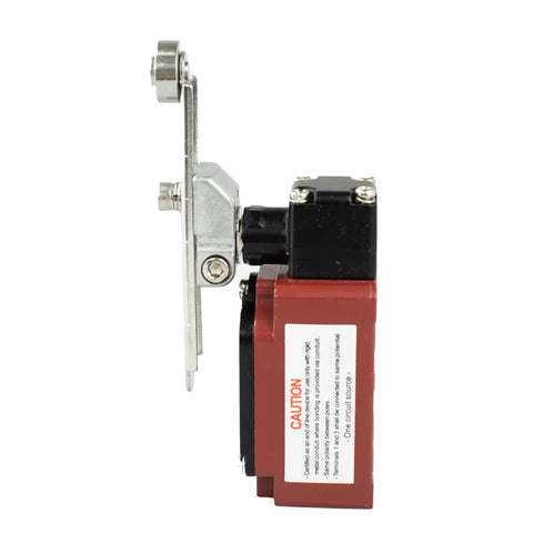 Adjustable roller limit switch with red housing and black actuator mounted on a silver metal bracket