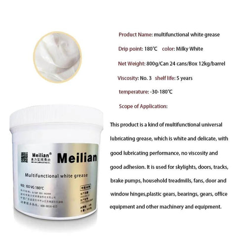 Container of Meilian multifunctional white grease, 800g, with text details on viscosity and temperature range, white lid visible
