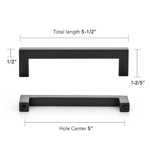 Matte Black Square Cabinet Pulls 5 Inch 30 Pack Handles for Kitchen Cabinets with measurements and hole spacing details