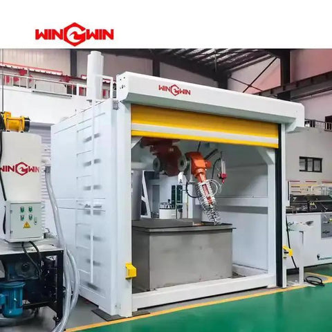 Industrial waterjet cutting machine setup with robotic arm in manufacturing facility, featuring 020693-1 87K Dynamic Mixing Chamber And 87K Waterjet Intensifier Pump Assembly For Water Jet Cutting Machines Spare Parts For KMT Flow Systems High Quality Waterjet Cutter Parts For Repair And Replacement.