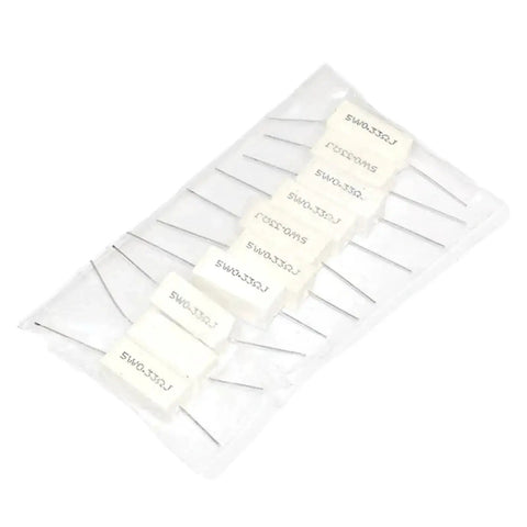 Ten white cement power resistors with metal leads in clear plastic packaging.
