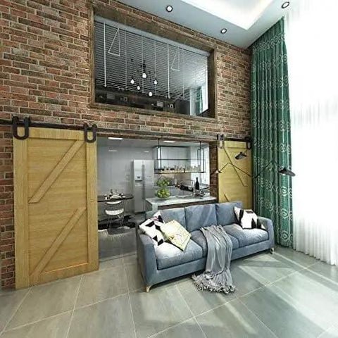 Black Rustic Non Bypass Sliding Barn Door Hardware Kit For One Door With 6 Ft Flat Track And Horseshoe Design Rollers installed