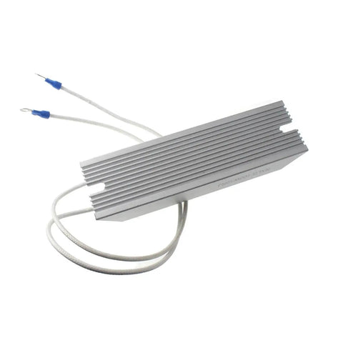 RXLG 100W 50Ω aluminum finned resistor, white leads with blue connectors, side view.
