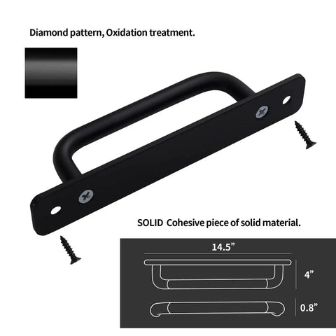 12 Pack Matte Black Cabinet Handles And Drawer Pulls Aluminum 5 Inch Hole Center, 5.71 Inch Length, 1.57 Inch Height, 0.39 Inch Width, Bottom Width 1 Inch, Includes 24 Screws 1 Inch And 24 Screws 1.77 Inch, Commercial Grade shown with diagram and screws