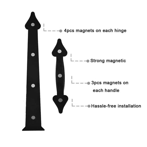 Magnetic Garage Door Decorative Hardware Kit with faux hinges and handles, black, includes 4 magnets per hinge, 3 per handle, ABS plastic.