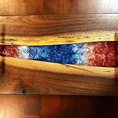 Wooden slab with colorful resin river, showcasing Slab Jig Router Sled for Woodworking, Level and Trim Wood Slabs Up To 64 Inches Wide.