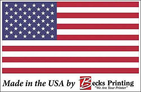 USA flag with text 'Made in the USA by Becks Printing' beside it, emphasizing American manufacturing.