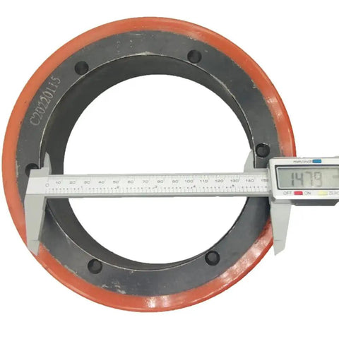 Heavy Duty Drive Wheel 1115-220000-A0 Replacement For Big Joe Electric Pallet Jack E25 E30 EZ30 P33 S22, shown with caliper
