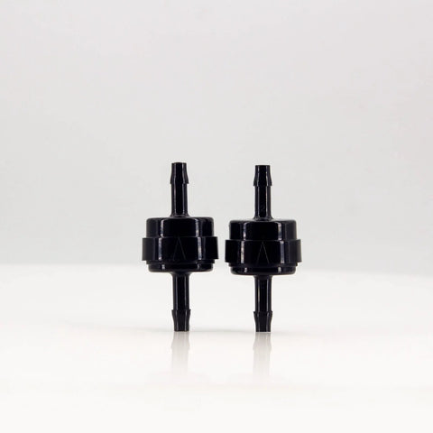 Two black PA66 automotive spring check valves with barbed ends, high-temp corrosion resistant, 1/8–5/16 in