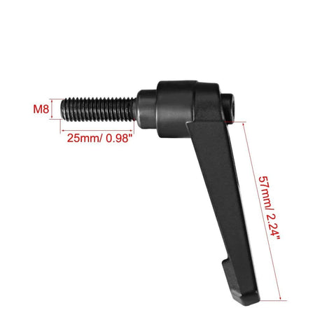 Adjustable M8 X 25mm clamping lever with push button quick release, threaded male stud, matte black, side view, ideal for machinery use