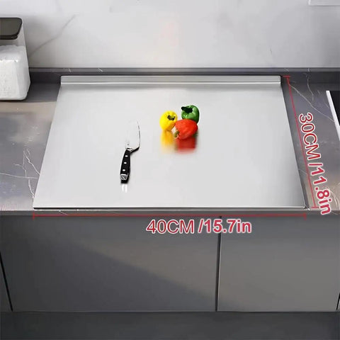 Stainless Steel Cutting Board for Kitchen, Heavy Duty Metal Chopping Mat for Meat, Fruits, Vegetables, Bread and Baking, 40 X 30 Cm on countertop