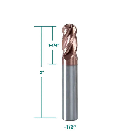 Side view of 4 Flute TiSiN Coated Ball Nose End Mill, 1/16 Inch Cutting Diameter, 1/8 Inch Shank, 3-Inch Length, HRC55 Milling Cutter.
