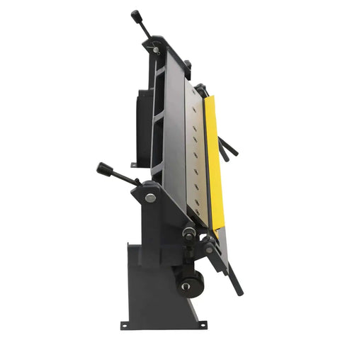 Side view of 24 Inch Box And Pan Brake Sheet Metal Bending Machine With Removable Fingers Two Inch Three Inch Four Inch 20 Gauge Manual Straight Brake Angles Up To 135 Degrees.