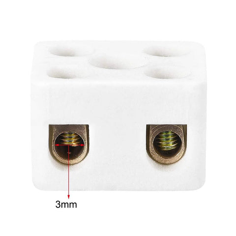 White porcelain 2-way ceramic terminal block with two screw terminals for electrical wires; 3mm opening.