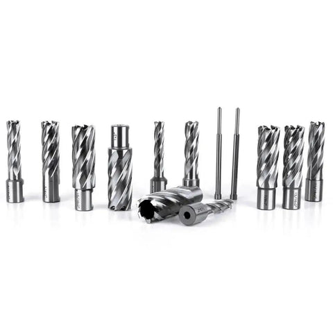 Heavy Duty Annular Cutter Set For Magnetic Drill Press With Two Inch Cutting Depth And Diameters From Seven Sixteenth To One And One Sixteenth Inches, Three Quarter Inch Weldon Shank, Includes Two Pilot Pins Oscarbide Thirteen Piece Kit displayed on a white surface