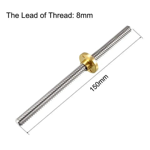 150mm T8 Lead Screw Rod 8mm Dia Stainless Steel With Copper Nut For 3D Printer Z Axis 2 Pack Trapezoidal Thread High Temp And Corrosion Resistant Smooth Operation Clear Finish