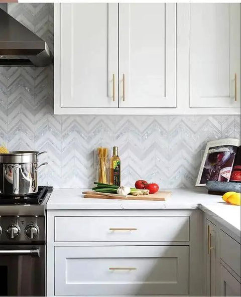 Modern kitchen with Brushed Gold T-Bar Cabinet Pulls 4 Pack Modern Hollow Drawer Handles Kitchen Hardware installed on white cabinets.