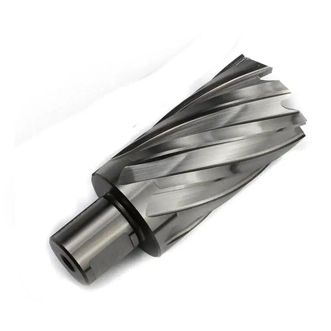 One And Five Sixteenth Inch Annular Cutter For Magnetic Drill Press With Two Inch Cutting Depth Three Quarter Inch Weldon Shank With Two Flats Pilot Pin Dual Teeth For Fast Holes, side view