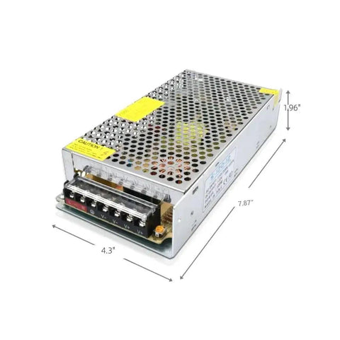 24V 10A Switching Power Supply Regulator For LED Strip And LED Display And 3D Printer Plug And Play Ready Converts 110V 220V AC To 24V DC 240W With Overvoltage Overtemperature Overload And Short Circuit Protection in metal casing with dimensions 4.3” x 7.87” x 1.96”