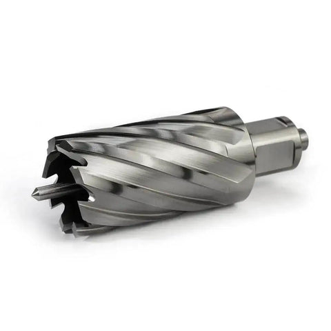 One And Five Sixteenth Inch Annular Cutter For Magnetic Drill Press With Two Inch Cutting Depth Three Quarter Inch Weldon Shank With Two Flats Pilot Pin Dual Teeth For Fast Holes, front view.