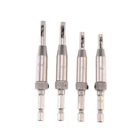 HSS Self Centering Hinge Tapper Core Drill Bit Set Four Piece One Quarter Inch Quick Change Hex Shank Bits With Automatic Center Punch For Wood Door And Window