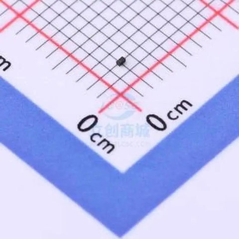 Close-up of ESD Protection Diode 50 Pack For Electronics, DFN0603-2 Package, on measurement grid, highlighting size.
